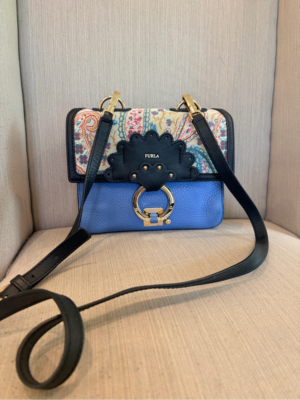 Furla Blue Leather Crossbody Bag with Paisley Print or Solid Blue (2 bags in 1